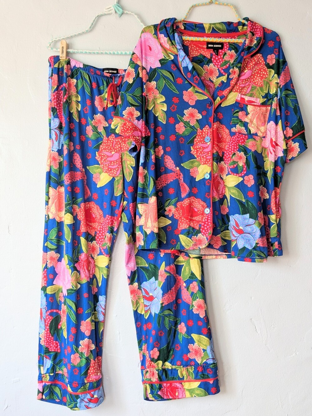 Room Service Floral Pajama Set Button Down Top Pants Blue Red L/G